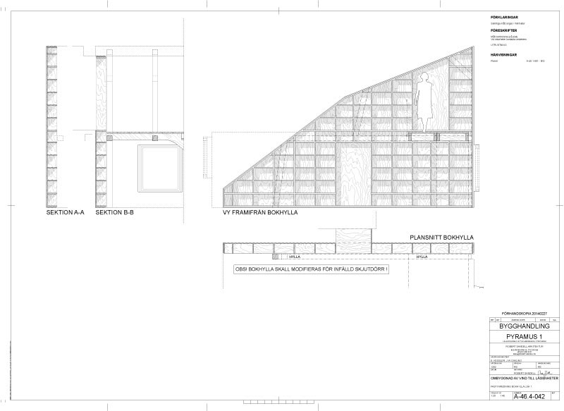 Arkitektritning över bokhylla i lägenhetsombyggnaden.